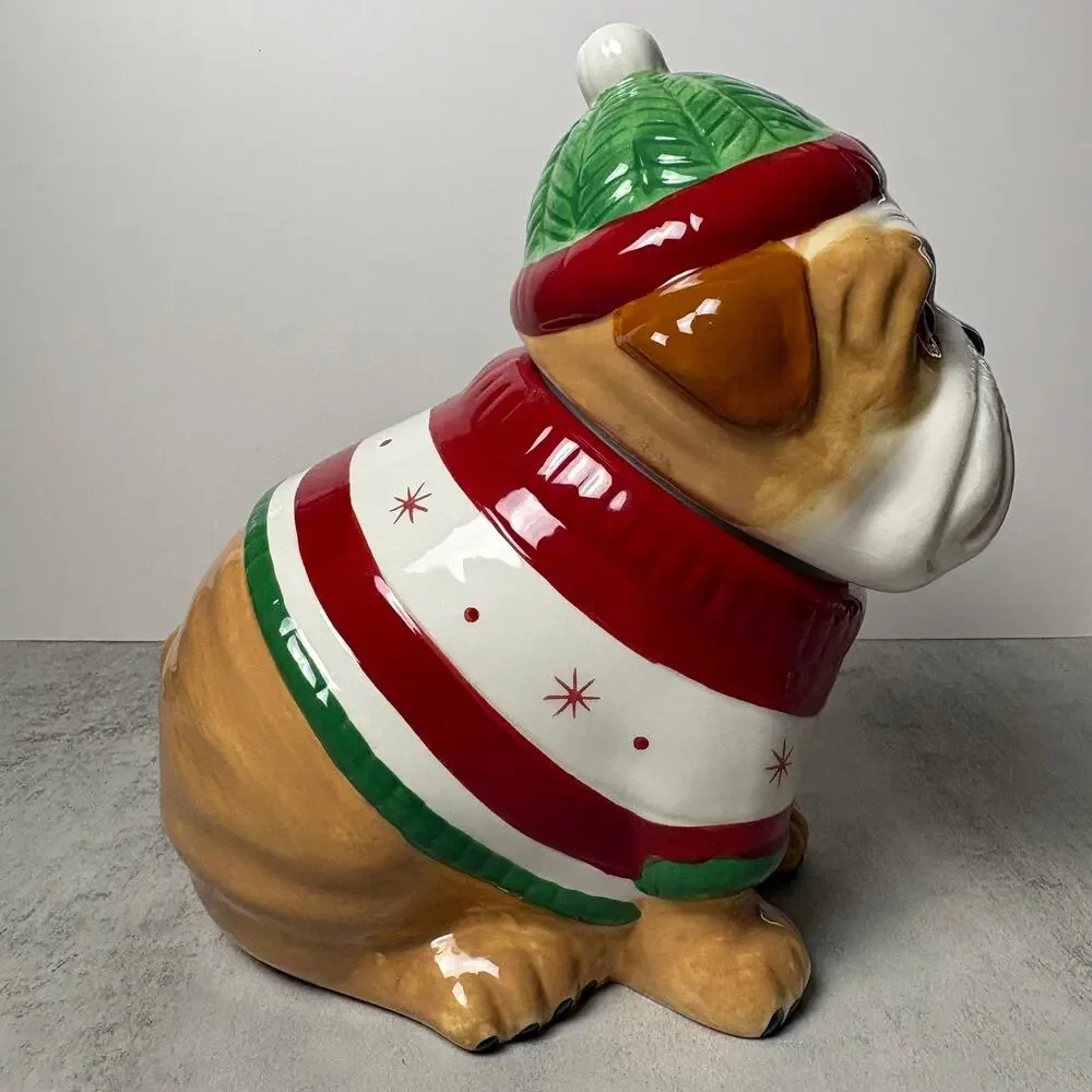 Sleigh Bell Bistro Holiday Hand-Painted Bulldog Ceramic Cookie Jar